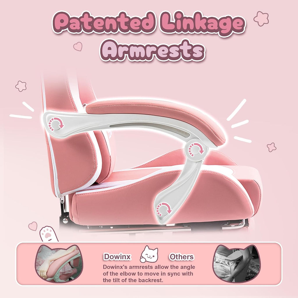 Dowinx Gaming Chair Cute with Cat Ears and Paw Lumbar, Ergonomic Computer Chair for Girl with Footrest and Headrest, Comfortable Reclining Game Chair 290lbs for Adult, Teen, Pink