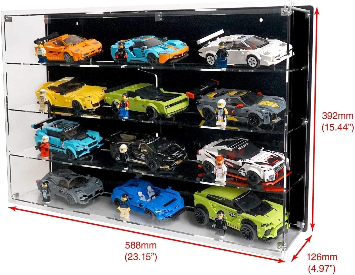 Wall-Mount Display Case Compatible with 12 LEGO Speed Champions Cars – Compact Multi-Tier Racing Showcase – Sets Not Included