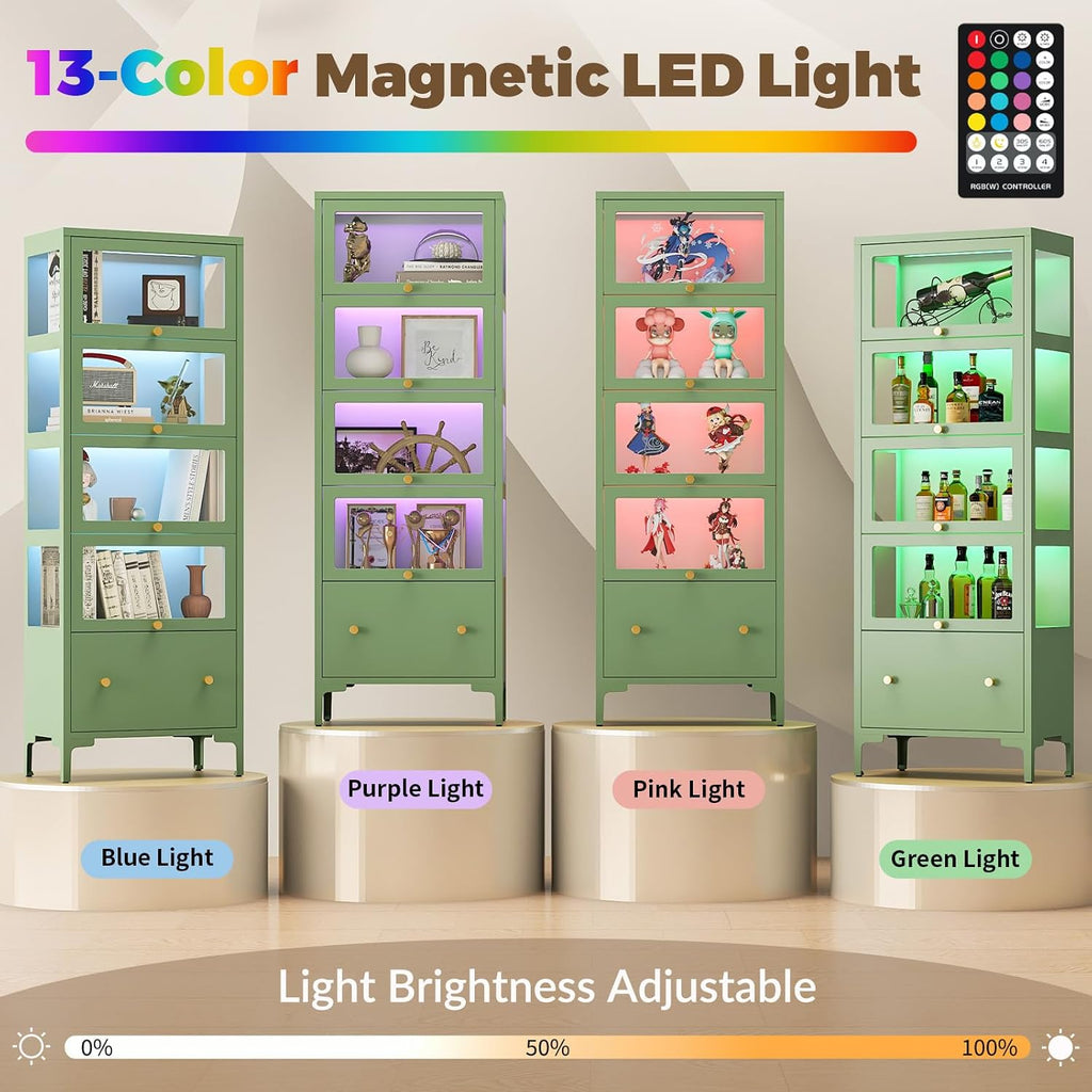 Display Cabinet with Glass Doors, 67' Metal Curio Cabinet with Drawer & 13-Color RGB LED Lights, 5-Tier Glass Display Case for Collectibles, Figure, Toys, Books, Green