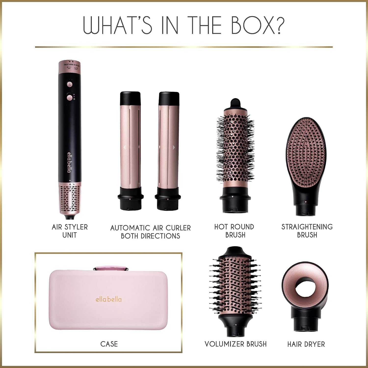 ELLA BELLA® 6 in 1 Professional Hot Air Styler Dual Voltage • Powerful Hair Dryer & Straightener Set • Styling Without Heat Damage • Fast Drying Curling Volumizing Straightening • with Travel Case