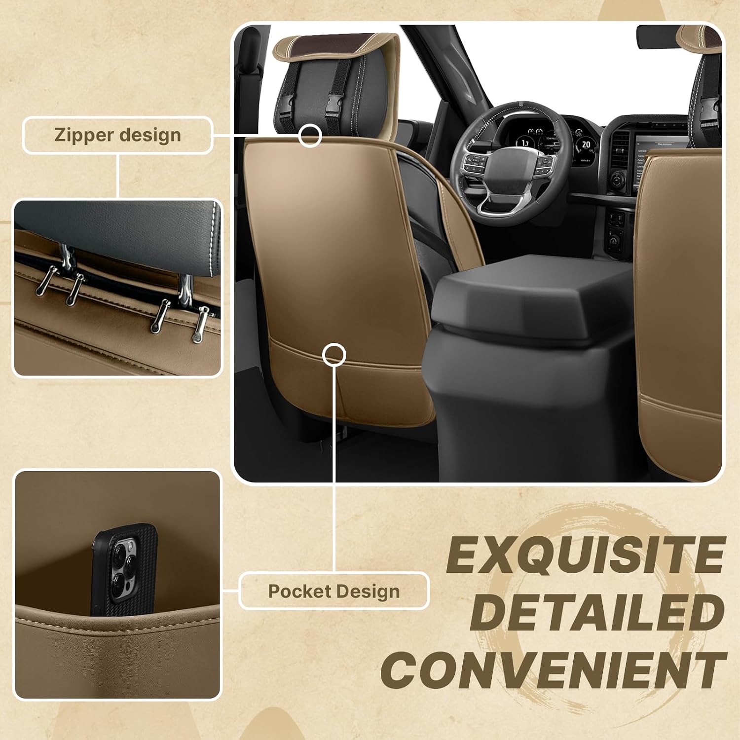 Fit for Ford F250 2011-2026 Seat Covers, Fashion Sport Seat Cover with Waterproof Leather, Airbag Safe Design Seat Protector (5 Front Seat Standard, Brown Coffee)