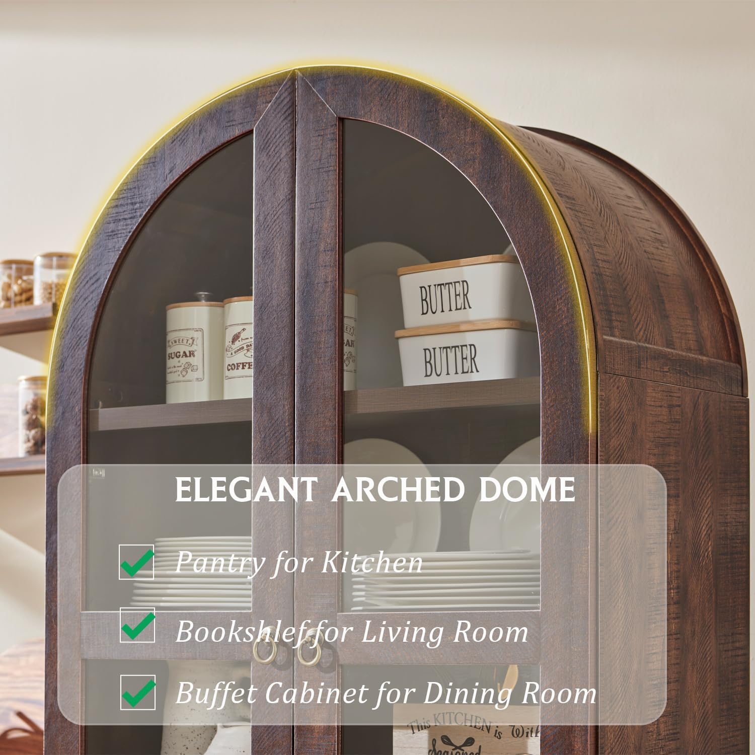 IFGET 71' Tall Arched Kitchen Pantry Cabinet, Wood Kitchens Storage Cabinets with 2 Large Drawers and Adjustable Shelves, Modern Farmhouse Versatile Cupboard for Kitchen, Dining Room, Bathroom, Brown