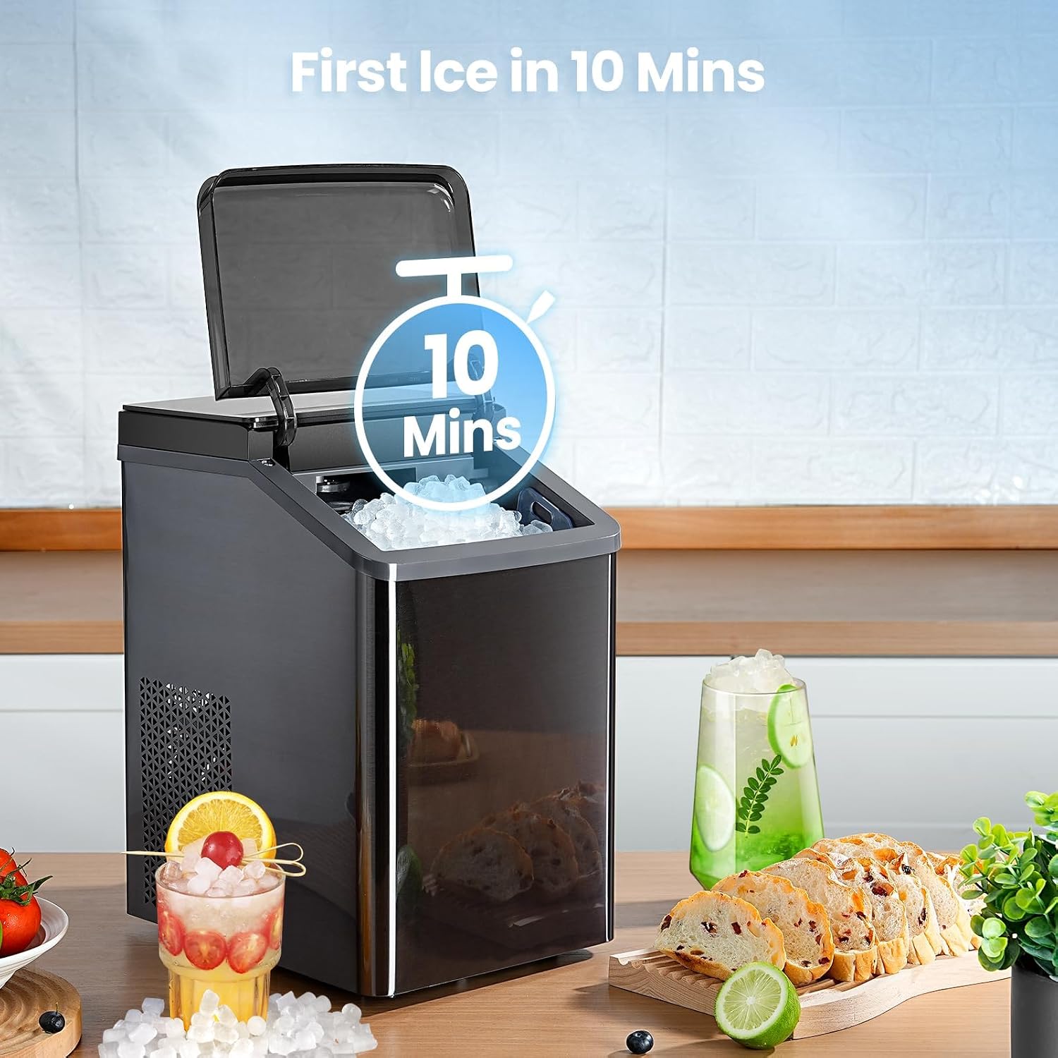 Gevi KNOVA Nugget Ice Maker Countertop, Fast 40lbs/24H Self-Cleaning Portable Sonic Pebble Ice Machine, Stainless Steel Sonic Ice Maker for Home Kitchen, Office,Gray