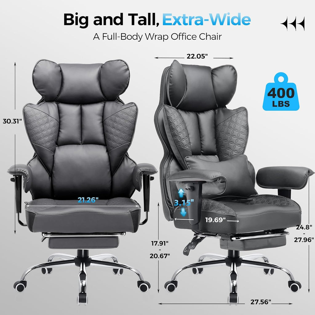 GTPLAYER Big and Tall Gaming Chair 400lbs Heavy Duty Office Chair with Foot Rest & Ergonomic Pocket Spring Lumbar Support, High Back Executive Computer Desk Chair for Lower Back Pain Relief, Gray