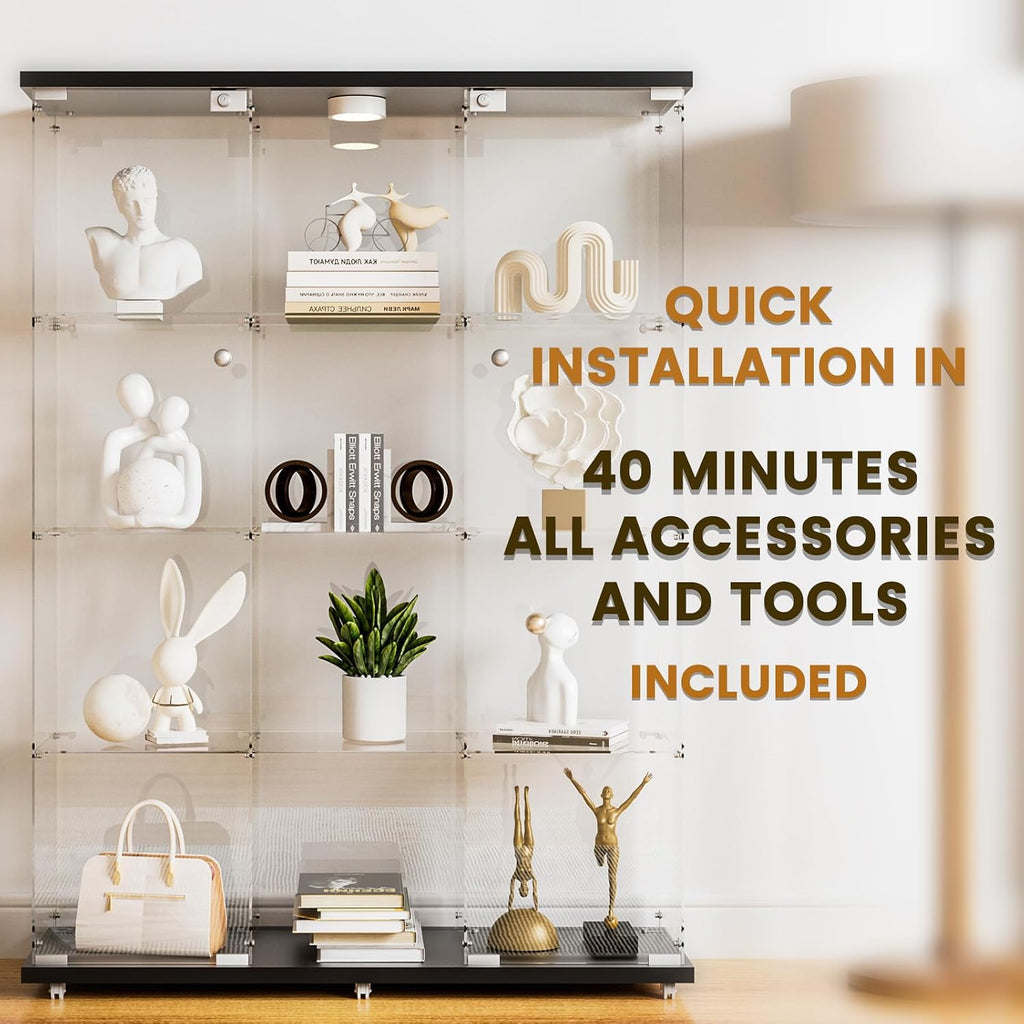 Glass Display Cabinet 12 Shelves with 2 Doors,Middle Open Display, Locking,LED Push Lights with Remote Control,4mm Tempered Glass Floor-to-Ceiling Glass Bookcase for Bedroom, Living Room,Black