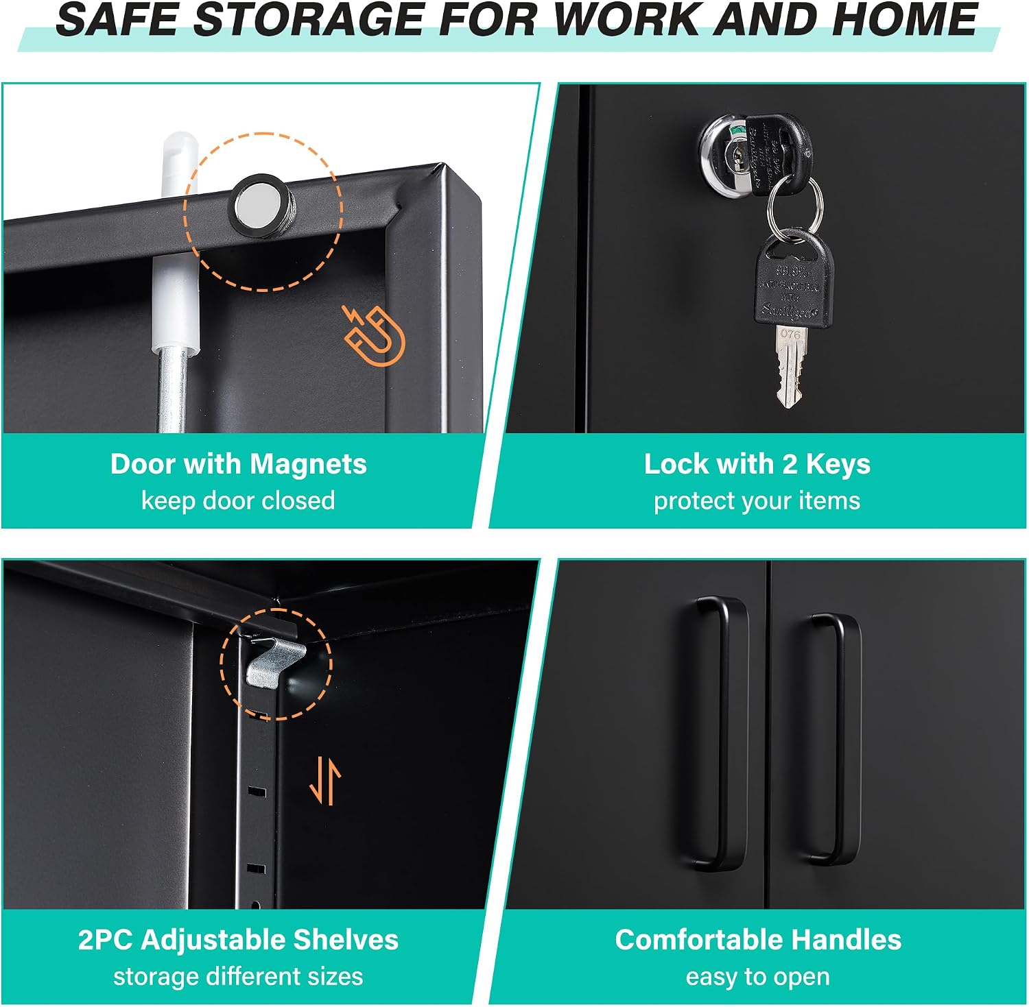 SISESOL 36 inch Metal Storage Cabinet with Doors and Shelves,Small Garage Storage Cabinet with Lock,Black Metal Cabinets with Locking Doors for Home,Office,Short Garage Cabinets