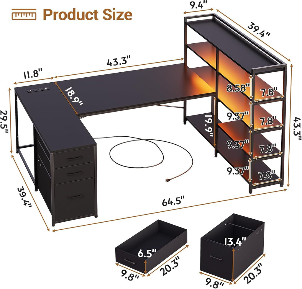 SEDETA L Shaped Gaming Desk, Reversible U Shaped Computer Desk with Power Outlet and Storage Shelves, Corner Gaming Desk with LED Lights, 3 Fabric Drawers, Black