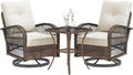 EROMMY 3 Pieces Patio Furniture Set, Outdoor Swivel Rocker Patio Chairs, Wicker Patio Bistro Set with Rocking Chair, Thickened Cushions and Glass Coffee Table for Backyard, Garden, Beige