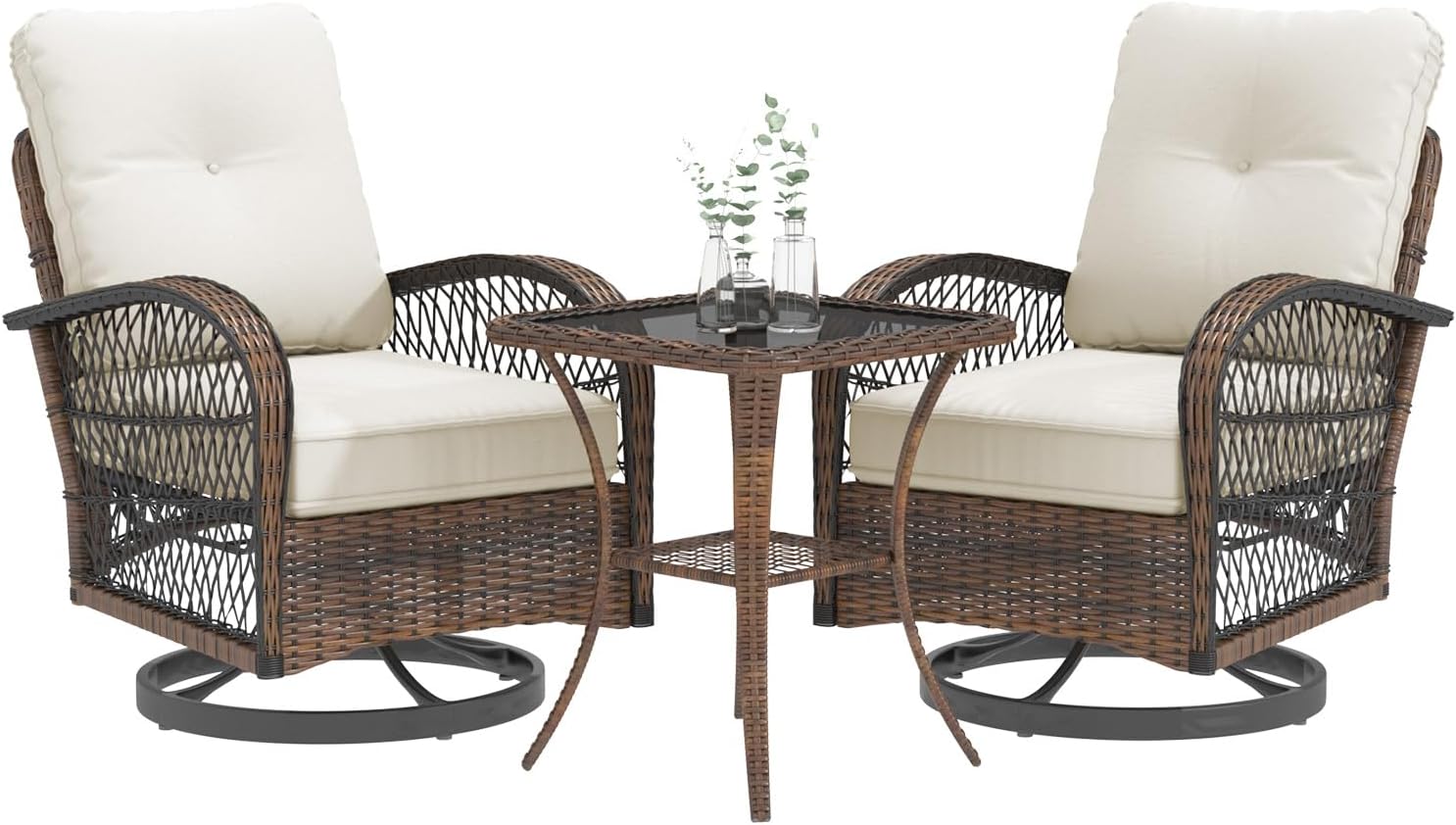EROMMY 3 Pieces Patio Furniture Set, Outdoor Swivel Rocker Patio Chairs, Wicker Patio Bistro Set with Rocking Chair, Thickened Cushions and Glass Coffee Table for Backyard, Garden, Beige