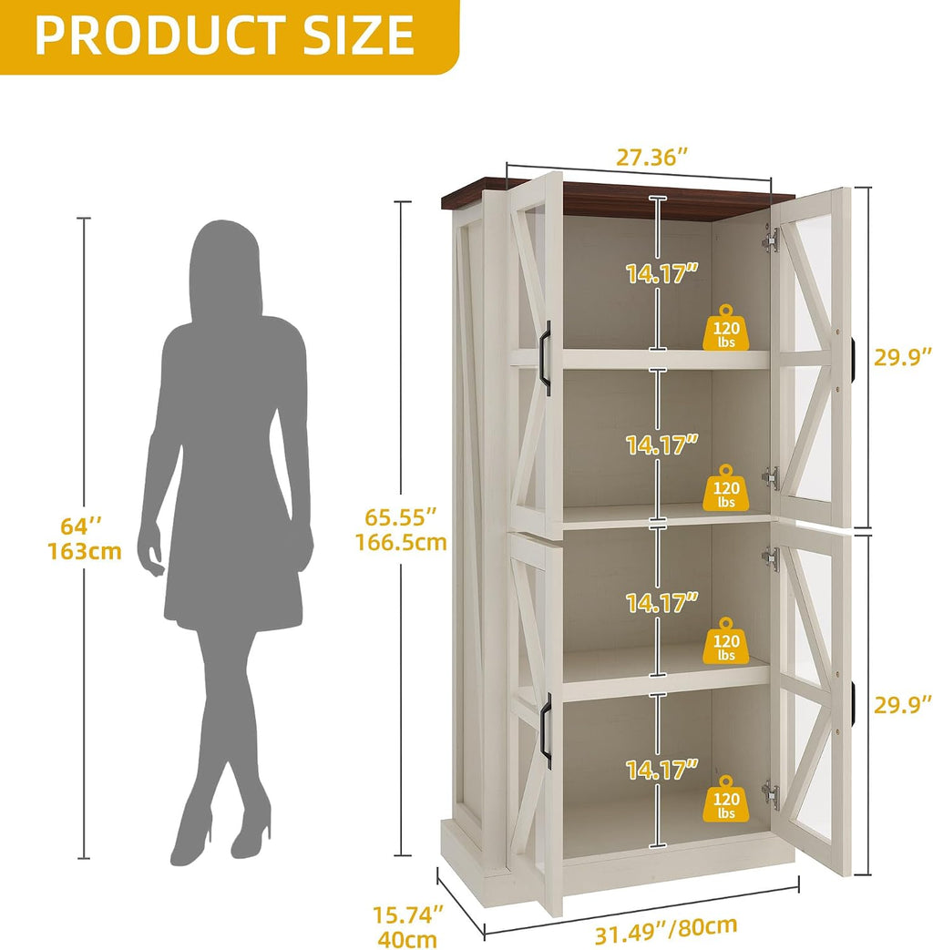 DWVO 66' Storage Cabinet, Tall Bookshelf Display Cabinet, 4 Shelves Curio Cabinet with Tempered Glass Doors, Trophy Display Case for Living Room and Dinning Room, White