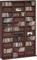11 Tier Tall Display Cabinet, Walnut Media Storage Cabinet with Adjustable Shelves, Free Standing DVD Organizer Shelf, Floor multimedia storage manga bookshelf for Living Room & Home Office.