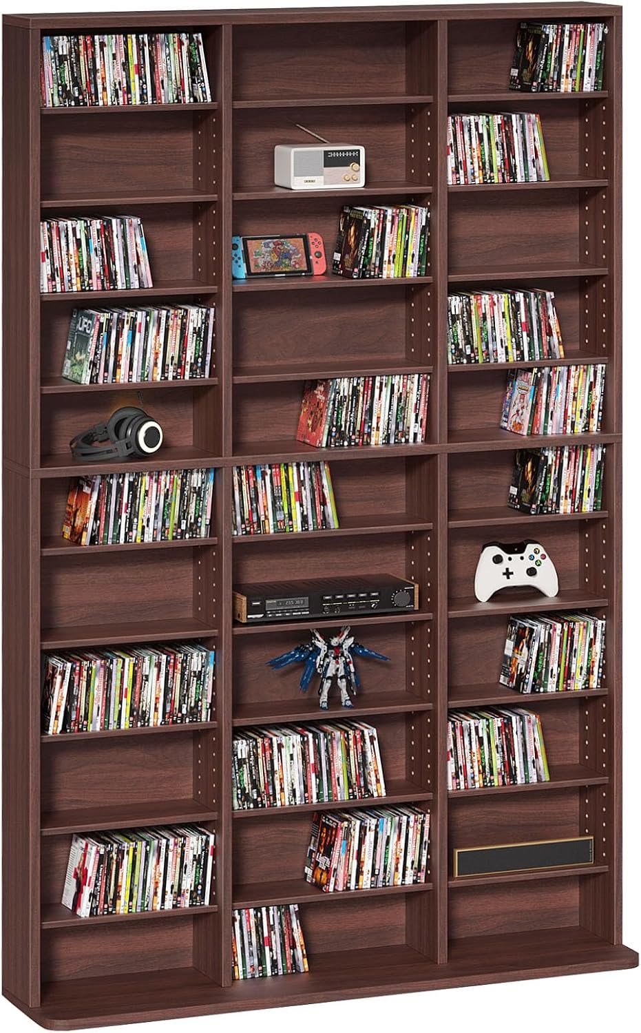 11 Tier Tall Display Cabinet, Walnut Media Storage Cabinet with Adjustable Shelves, Free Standing DVD Organizer Shelf, Floor multimedia storage manga bookshelf for Living Room & Home Office.