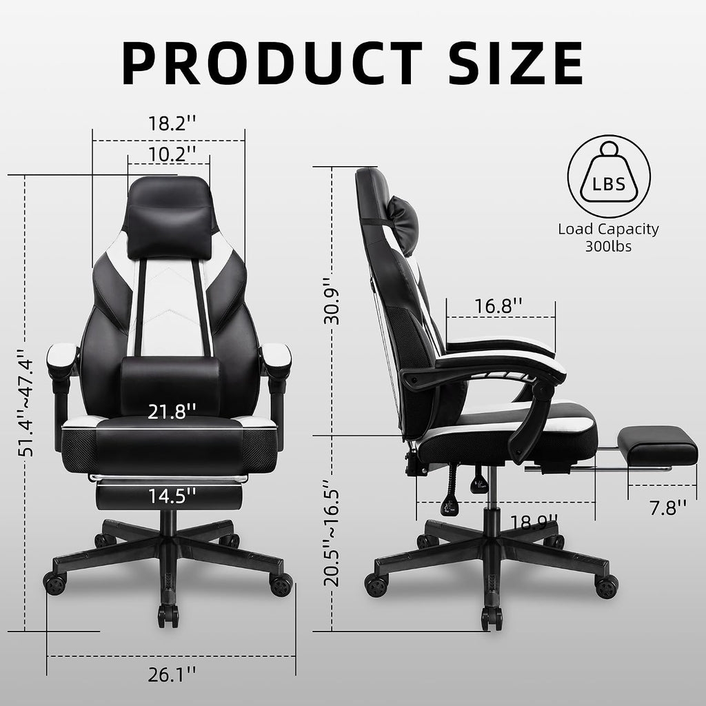 Shintenchi Gaming Chair,Video Game Chair with footrest and Massage Lumbar Support,Height Adjustable Game Chair with 360°Swivel Seat Ergonomic Computer Chair with Headrest for Office or Gaming(White)