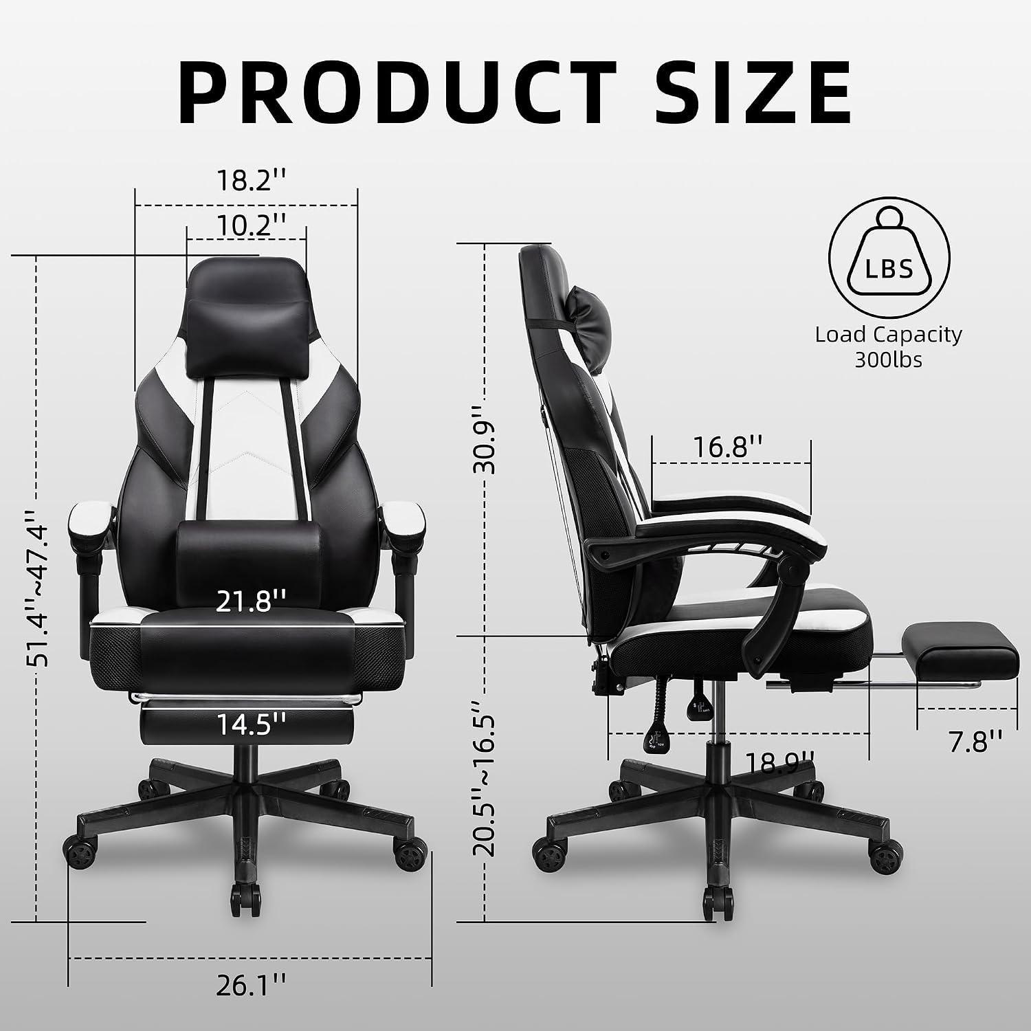 Shintenchi Gaming Chair,Video Game Chair with footrest and Massage Lumbar Support,Height Adjustable Game Chair with 360°Swivel Seat Ergonomic Computer Chair with Headrest for Office or Gaming(White)