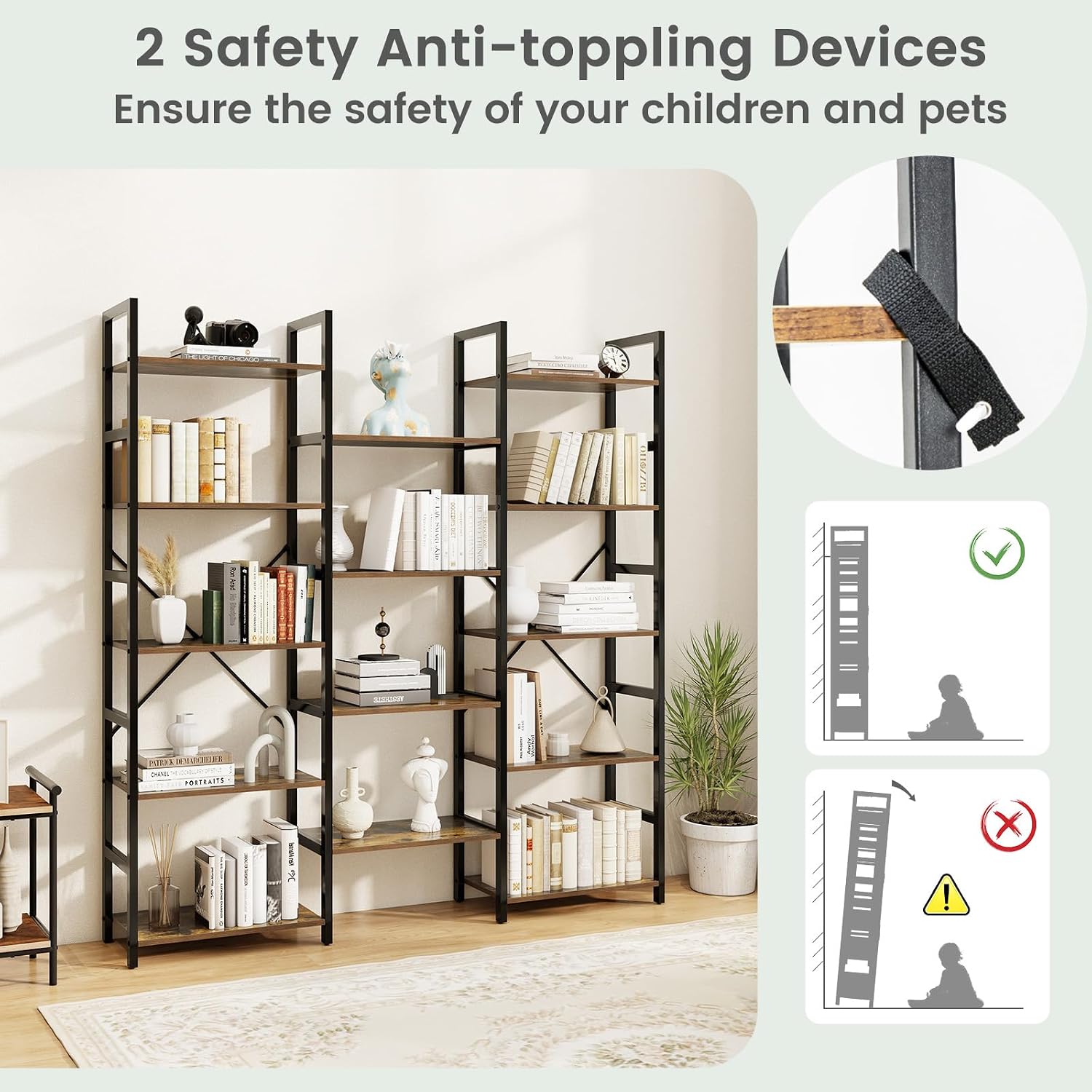 Giantex 5-Tier Industrial Bookshelf, Triple Wide Heavy-Duty Metal Frame Bookcases w/ 14 Open Shelves, Large Floor Standing Display Shelf Rack w/Anti-tip Kits, Storage Shelf for Living Room Study