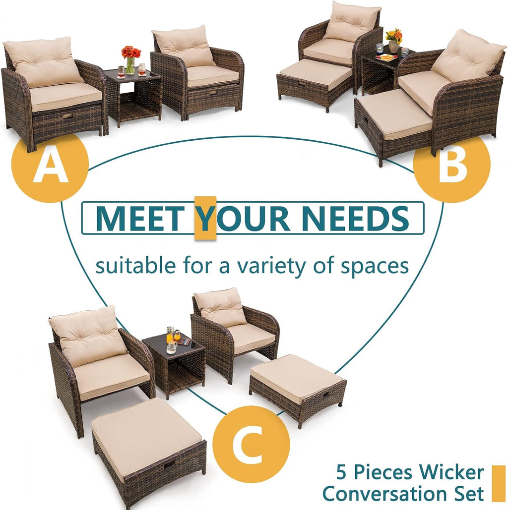 5 Pieces Patio Chairs Set with Ottomans, All Weather PE Rattan, Outdoor Conversation Furniture with Table, Beige