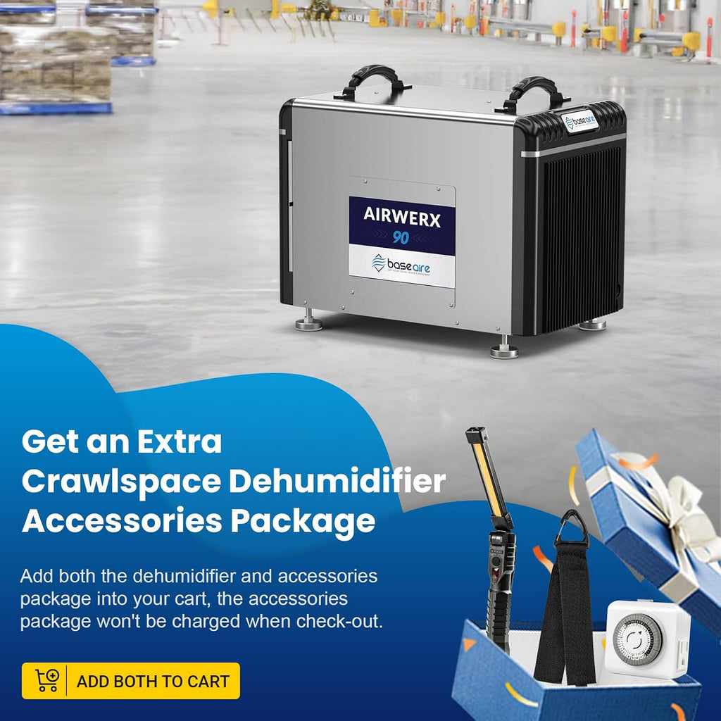 BASEAIRE 198 Pints Energy Star Crawl Space Commercial Dehumidifier, 5 Years Warranty, Large Industrial Water Damage Equipment for Basement, Garage and Job Sites, AirWerx 90