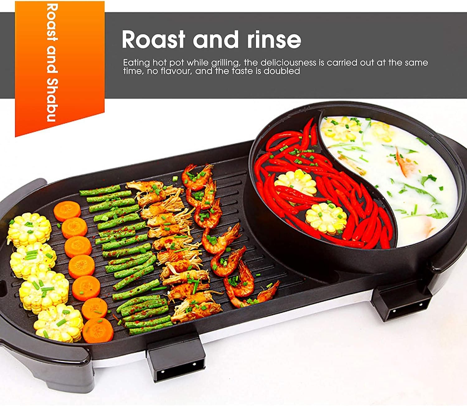 BBQ Smokeless Grill Electric Grill/Hot Pot,Portable Electric Grill with 5 Temperature adjustments, 2 in 1 Barbecue Grill Indoor Hot Pot Grill Chafing Dish, Household Multifunctional Non-Stick Pan El