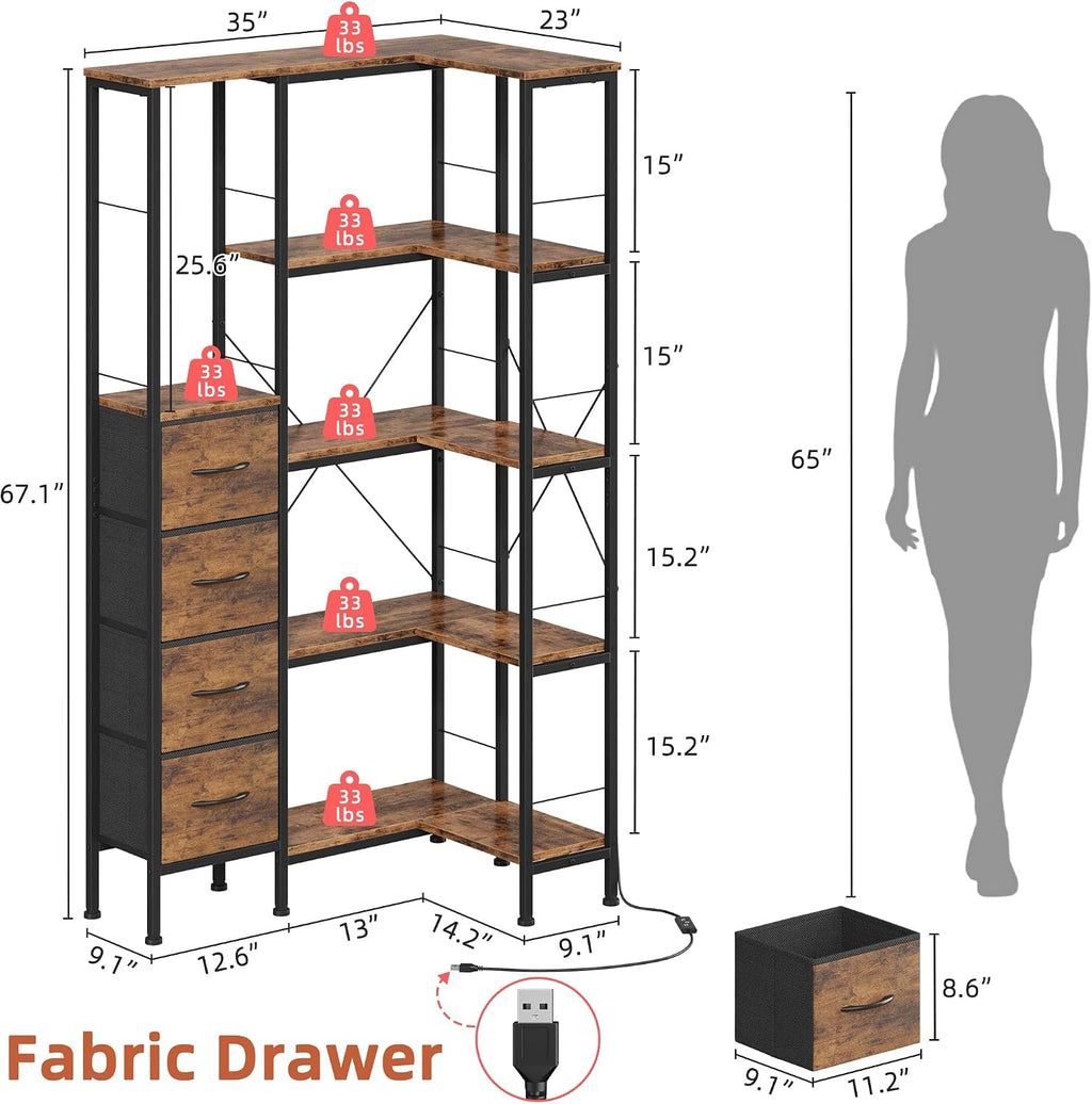 AFLUI Corner Bookshelf with LED Light Strips & 4 Fabric Drawers, 5-Tier Convertible Corner Shelf with Display Shelf, Large Wood Industrial Bookcase for Living Room, Bedroom, Home Office, Rustic Brown