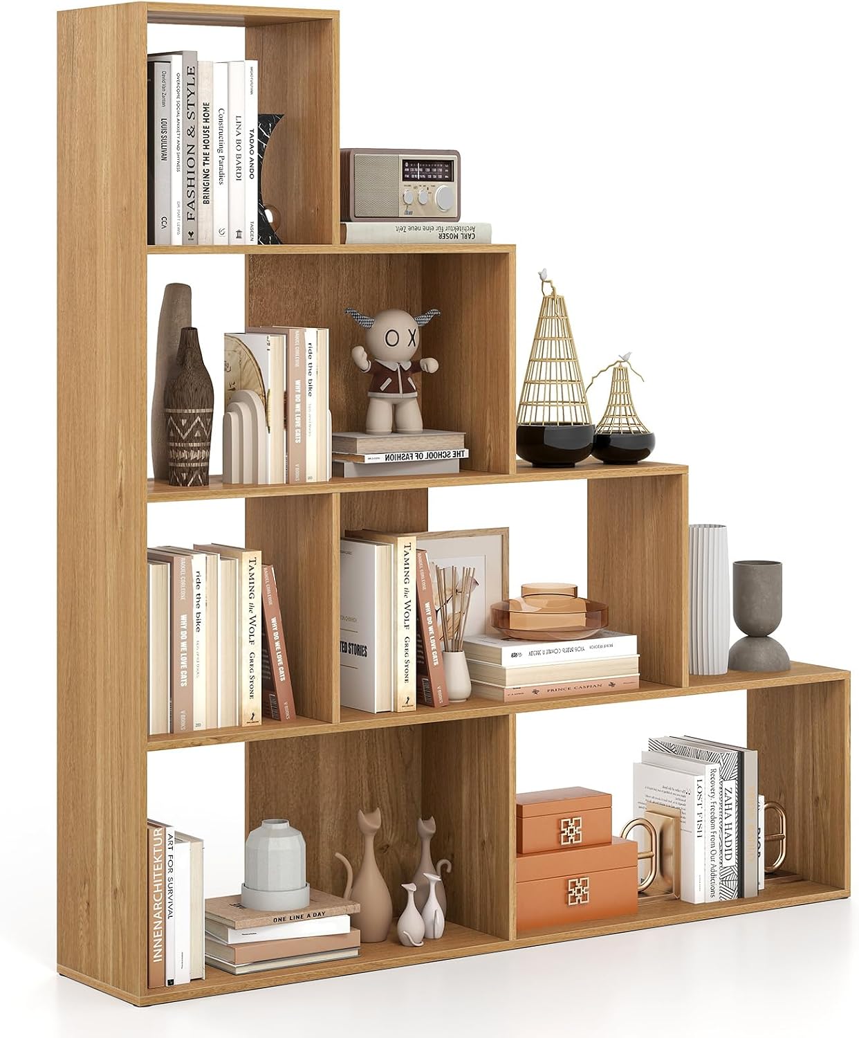 Tangkula 4-Tier Stepped Bookshelf, Freestanding 6 Cubes Ladder Bookcase with Anti-Tipping Kits, 64' Tall Modern Wooden Storage Display Rack for Home Office Living Room Study (1, Natural)