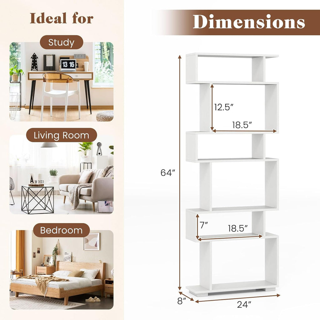 Giantex 6-Tier Geometric Bookshelves Set of 2, S-Shaped Bookcase with 2 Anti-Tipping Kits, Wooden Display Shelf, Decorative Storage Shelving Unit, Home Storage Organizer for Office Living Room, White