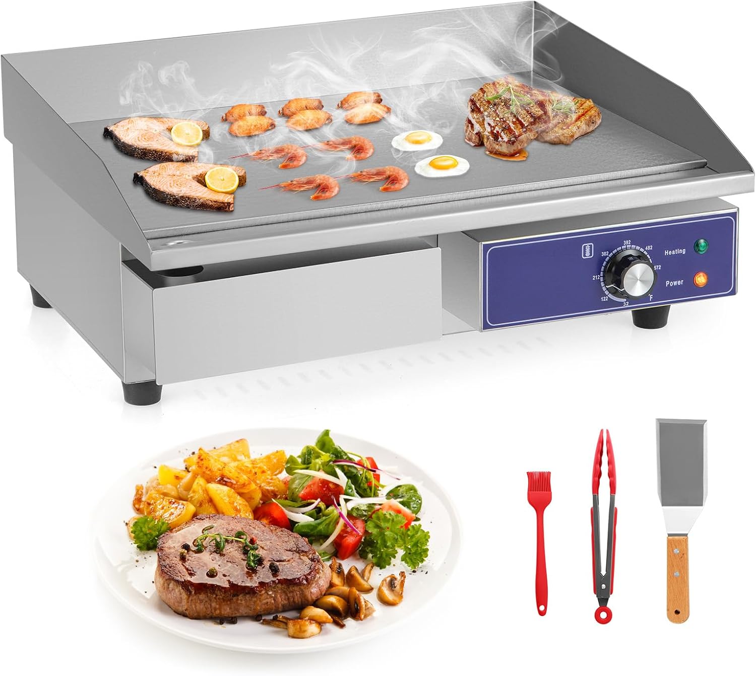 Happygrill 22' Commercial Electric Griddle, Stainless Steel Flat Top Grill w/Adjustable Temperature Control 122℉-572℉, Complete Accessories, 2000 W Electric Countertop Griddle for Kitchen Restaurant