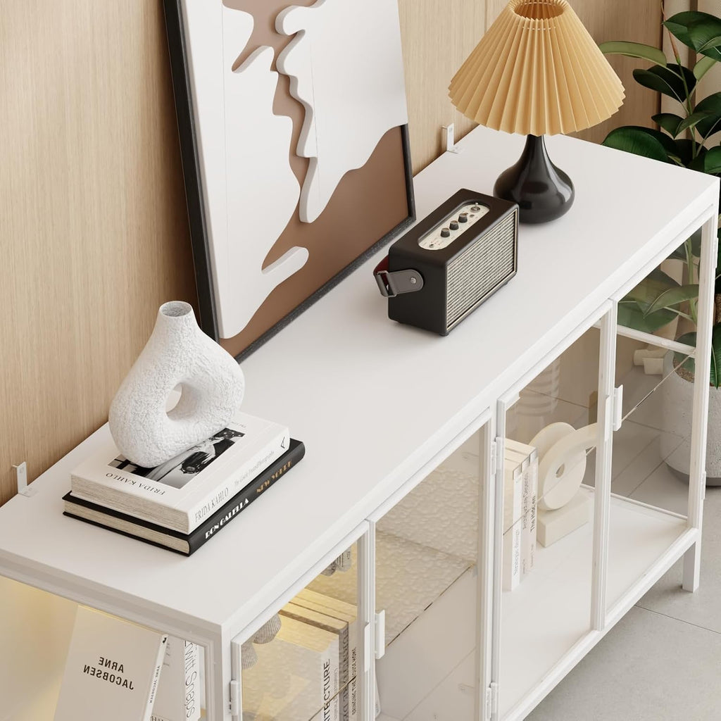 FUFU&GAGA Sideboard Buffet with LED Lights, Glass Doors, Modern Display Cabinet with Glass Shelves, White Cupboard Credenza with Metal Leg, for Living Room Kitchen, 55.1'W x 15.7'D x 29.5'H
