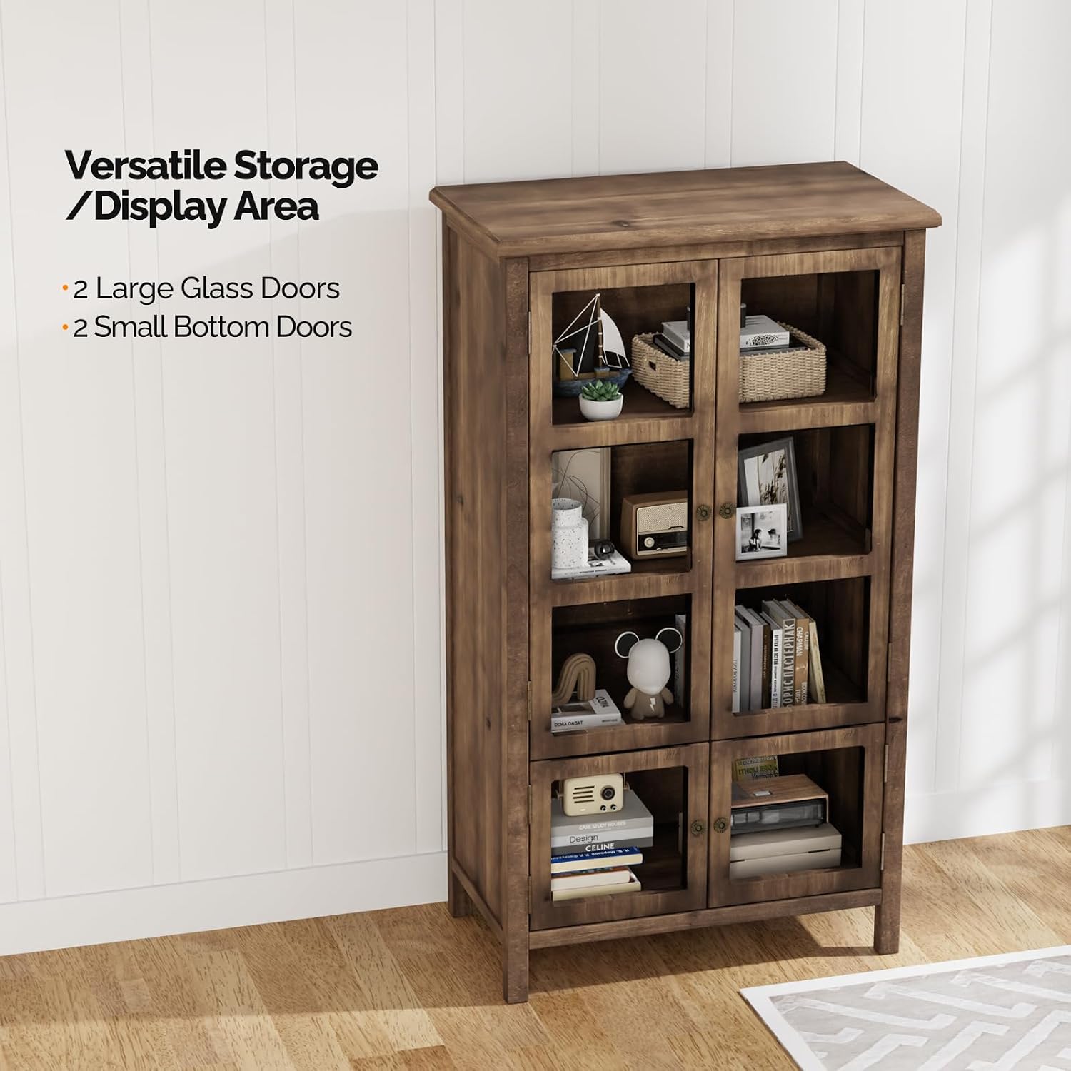 VINGLI Rustic Storage Cabinet with Glass Doors & Shelves, Showcase Display Cabinet with Cedar Wood Finish, Walnut