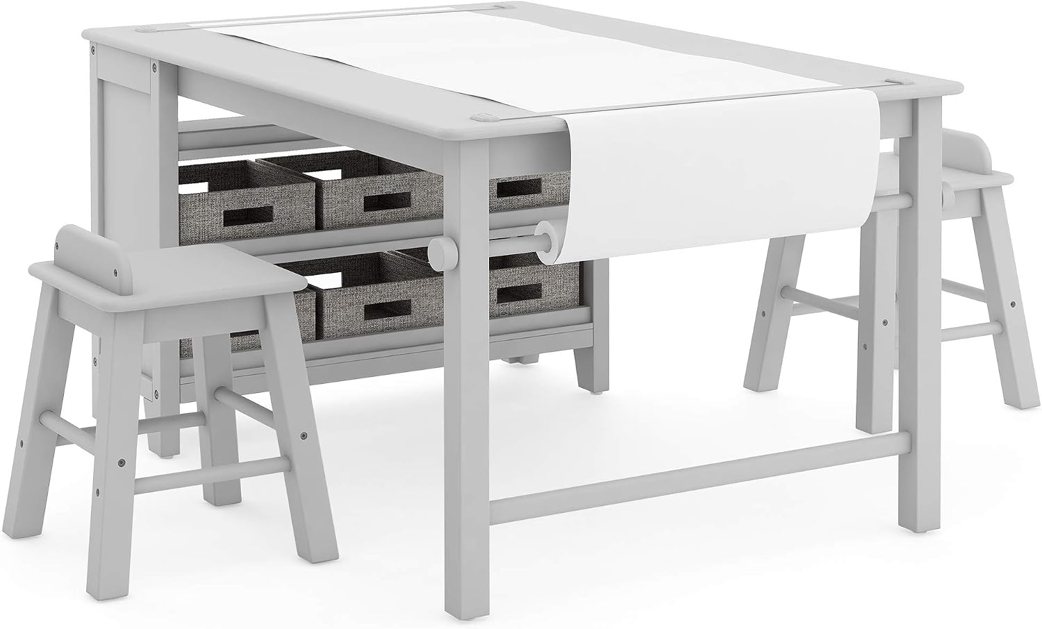 Martha Stewart Kids' Art Table and Stools Set - Gray: Wooden Kids' Activity Table and Chairs Set w/Storage, Bins Paper Roll for Coloring & Craft Activities | Study & Play Desk for Playroom Furniture