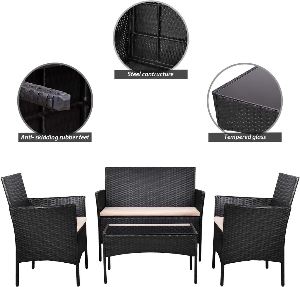Homall 4 Pieces Outdoor Patio Furniture Sets Rattan Chair Wicker Set,Outdoor Indoor Use Backyard Porch Garden Poolside Balcony Furniture (Black and Beige)
