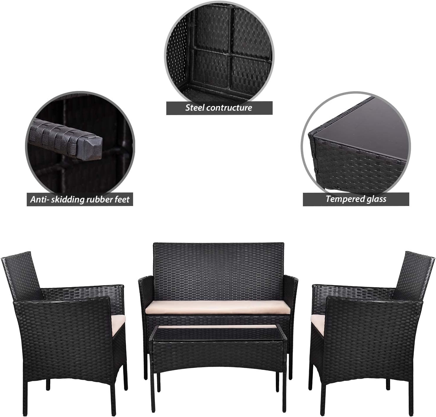 Homall 4 Pieces Outdoor Patio Furniture Sets Rattan Chair Wicker Set,Outdoor Indoor Use Backyard Porch Garden Poolside Balcony Furniture (Black and Beige)