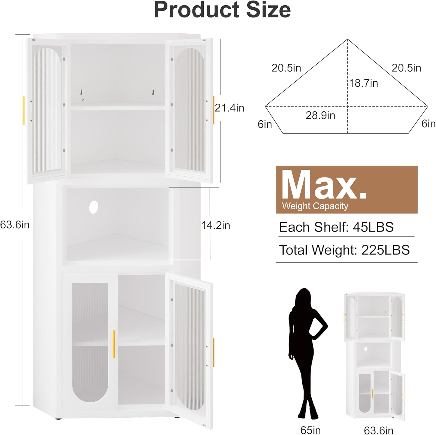GAIOUS 63.6' Farmhouse Corner Cabinet, Tall Metal Pantry Storage Cabinet with 4 Acrylic Glass Doors & 1 Open Bar Shelf, Corner Cupboard for Kitchen Bathroom Living Room Bedroom Hallways (White)