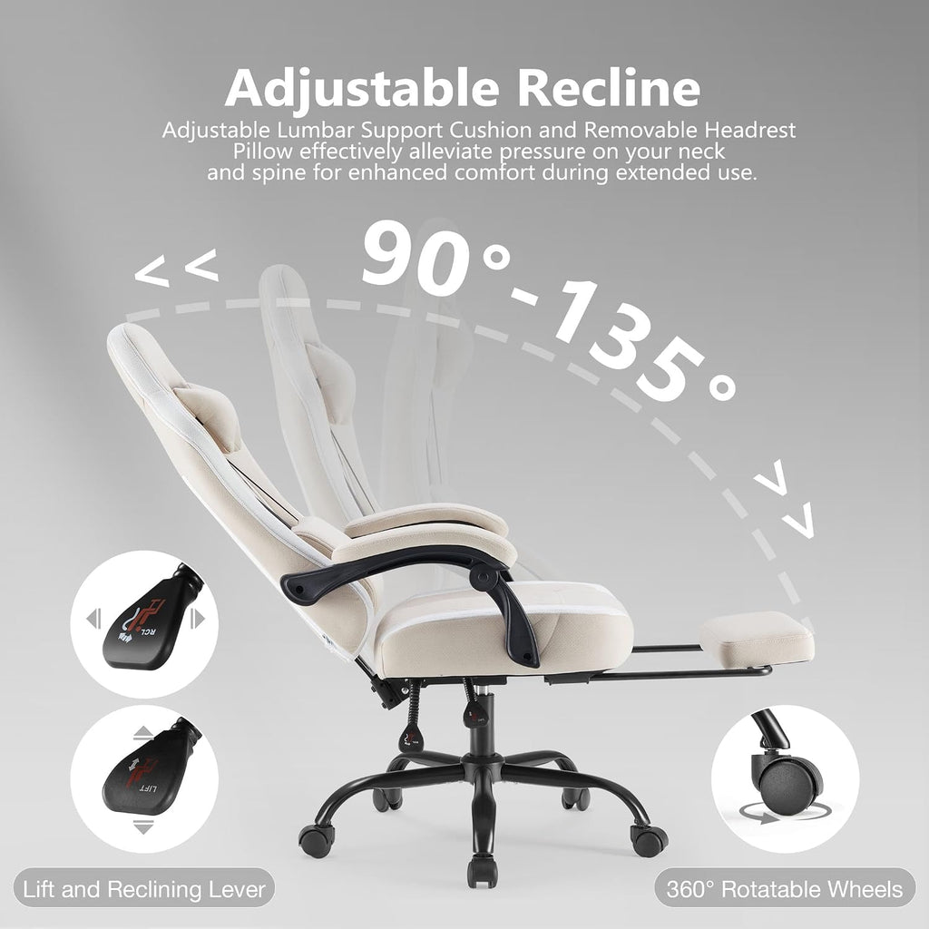 NEWBULIG Gaming Desk Chair - High Back Computer Office Chair with Footrest and Headrest, Comfy Ergonomic Lumbar Support with Linkage Armrests, Height Adjustable and 360° Swivel Wheels, Khaki