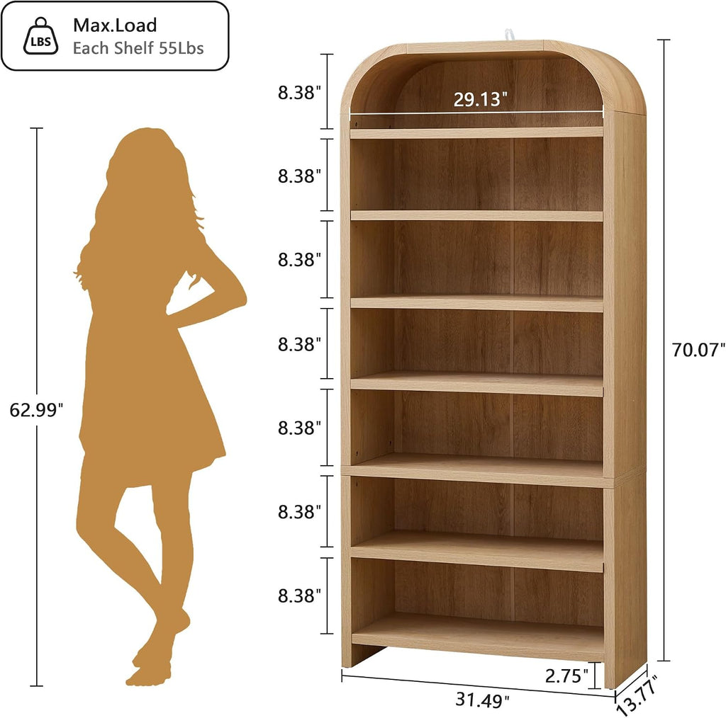 LEVNARY 70' Tall Arched Bookcase, 7-Tier Freestanding Storage Cabinet with Adjustable Shelves, Thick MDF Bookshelf for Bathroom Living Room Bedroom (Natural)