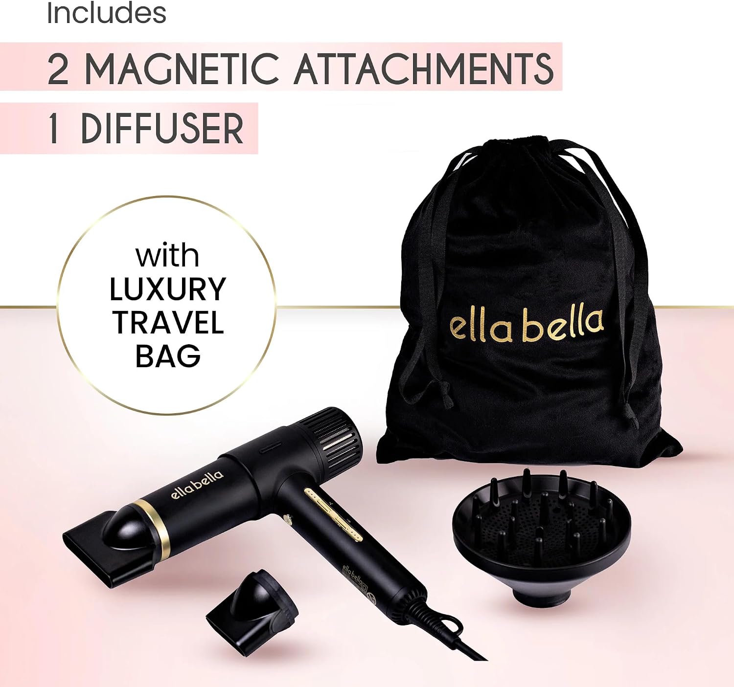 ELLA BELLA® Ionic Salon Hair Dryer with Diffuser • Negative Ion Blow Dryer • for All Hair Types • Intelligent Heat & Speed Control • Lightweight & Low-Noise Design • Rapid Drying & Precision Styling