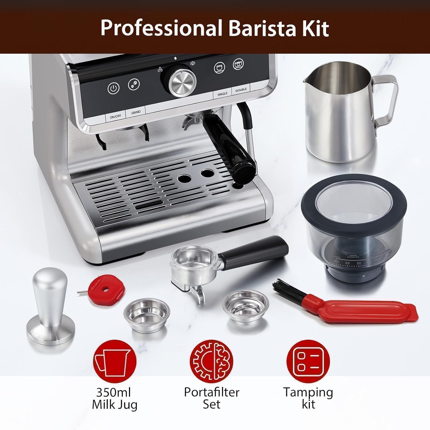 Acekool 20 Bar Espresso Machines with Grinder, Professional Espresso Maker with Removable Water Tank, Milk Frother Steam Wand for Latte&Cappuccino (Silver)
