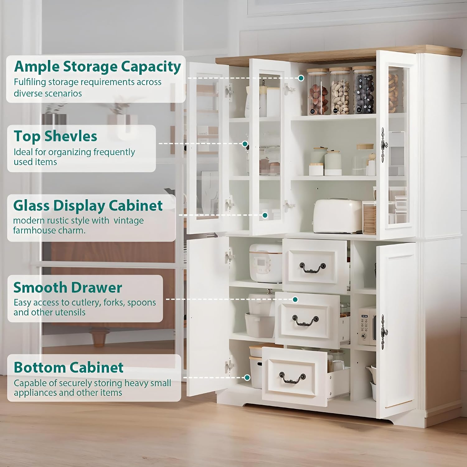YITAHOME 71' H x 47' W Kitchen Pantry with 3 Drawers, Large Storage Cabinet with 3 Glass Doors & Adjustable Shelves, Freestanding Tall Display China Cabinet for Living & Dining Room, White