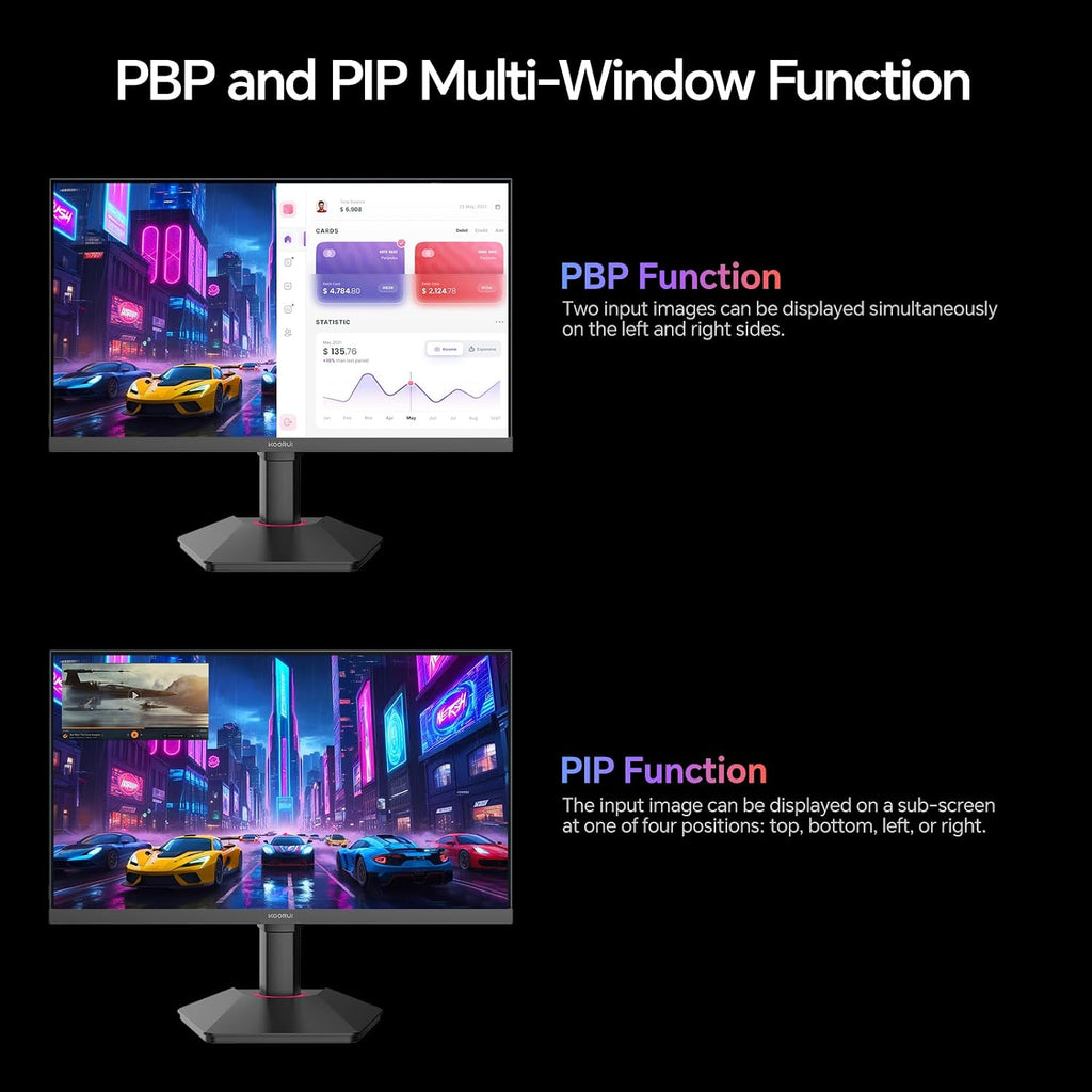 KOORUI 27 Inch Gaming Monitor, 1440p 320Hz Fast IPS PC Monitor, 1ms, HDR400, 98% DCI-P3, PIP/PBP Mode, Adaptive Sync Compatible, Ergonomic Stand, HDMI 2.1 & DisplayPort 1.4, VESA Mountable, G2721E