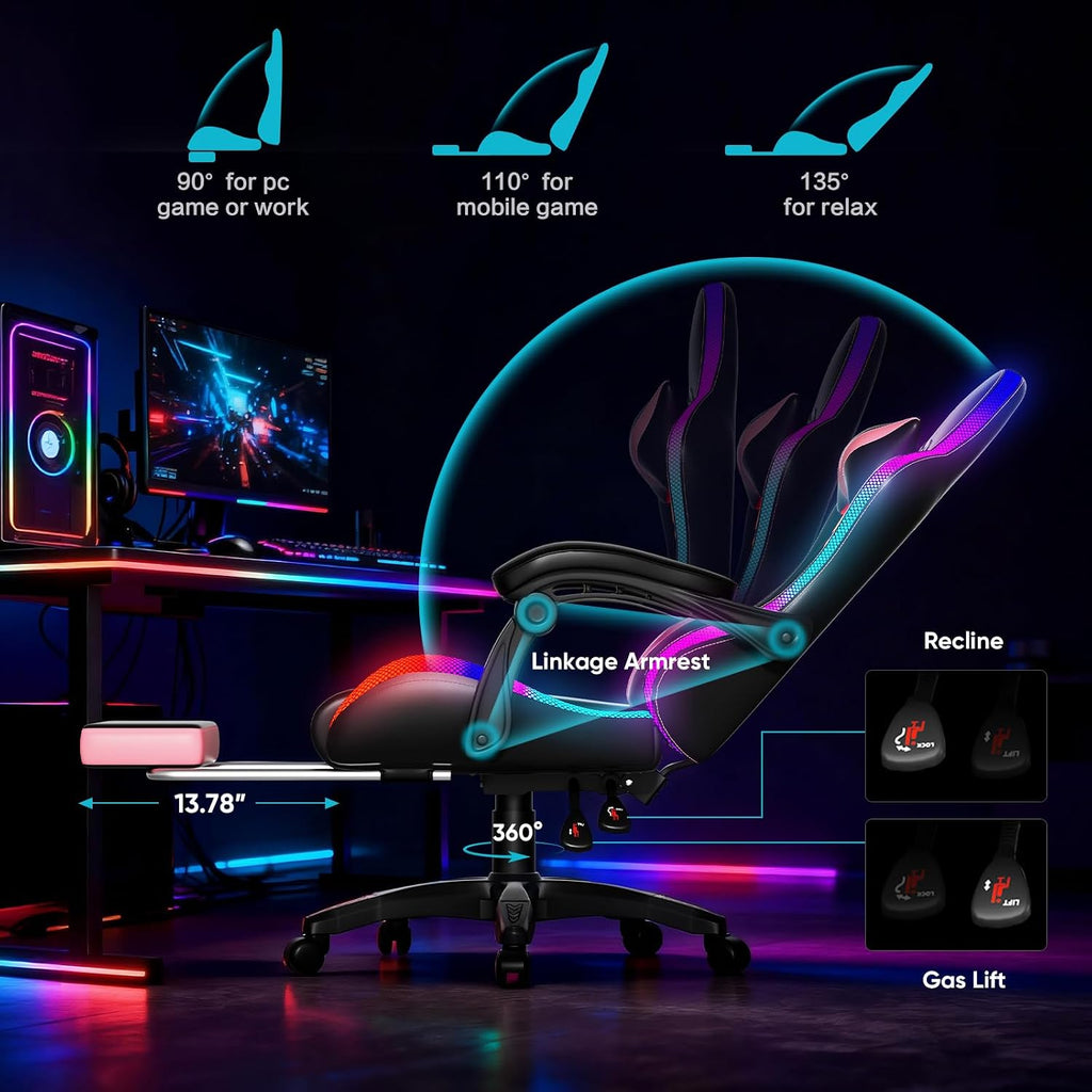 Czlolo Gaming Chair, Racing Style RGB LED Lights Gaming Chairs for Adults and Kids, Lumbar Massager Gamer Chair, High Back Reclining Computer Chair with Footrest and Headrest (Black/Pink)