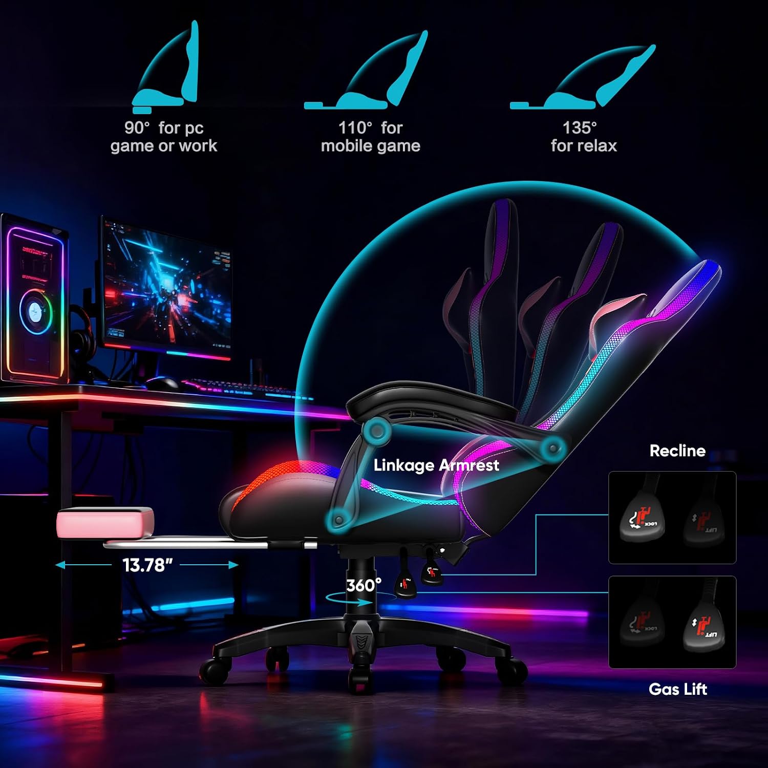 Czlolo Gaming Chair, Racing Style RGB LED Lights Gaming Chairs for Adults and Kids, Lumbar Massager Gamer Chair, High Back Reclining Computer Chair with Footrest and Headrest (Black/Pink)