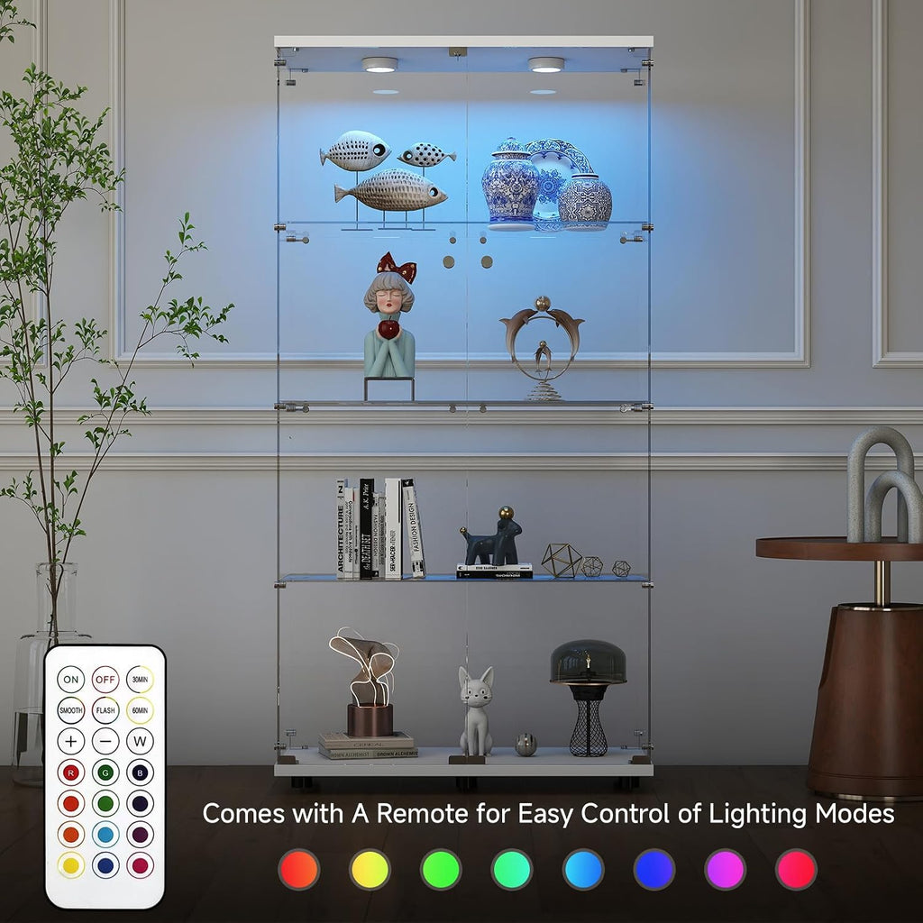 Zevemomo Tempered Glass Display Cabinet with Lights, 4-Tier Curio Cabinet with Glass Doors and Lock, Glass Display Case for Collectibles, for Living Room, Bedroom, Office, Double Door, White