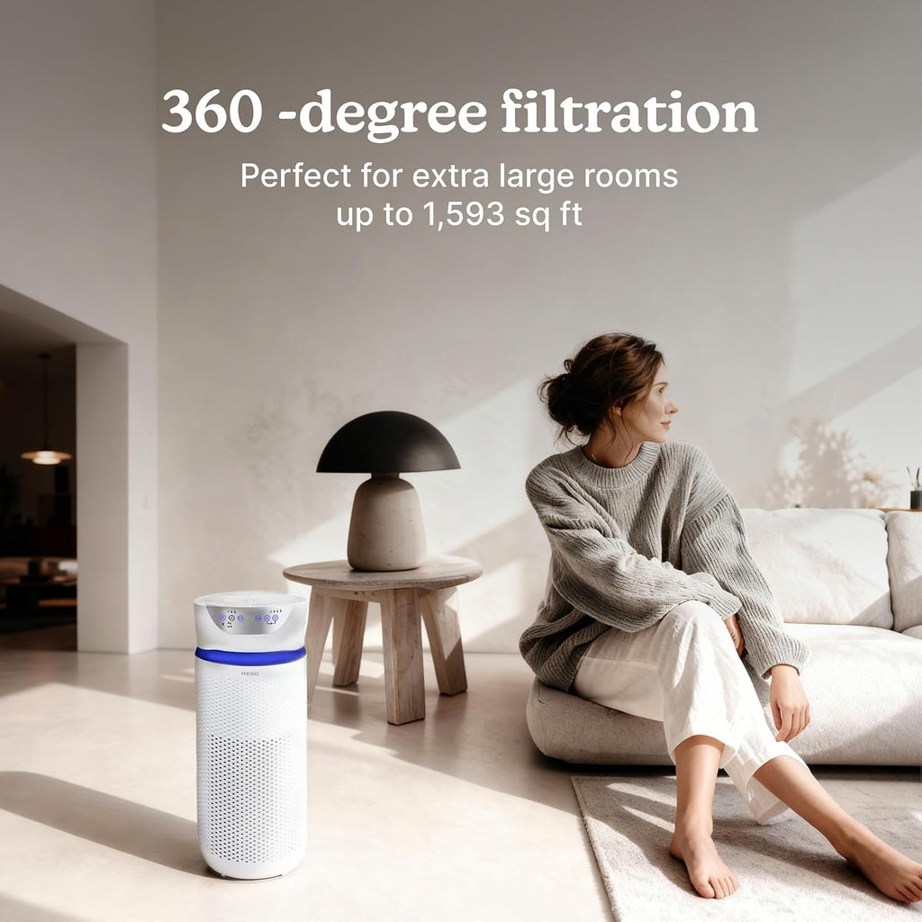 Homedics 5-in-1 UV-C Air Purifier - 360-Degree HEPA Filter for 1,593 Sq Ft, Extra Large Air Purifiers for Bedroom and Home, Essential Oil Pads, Built-In Timer, 5 Speed Settings for Large Rooms, White
