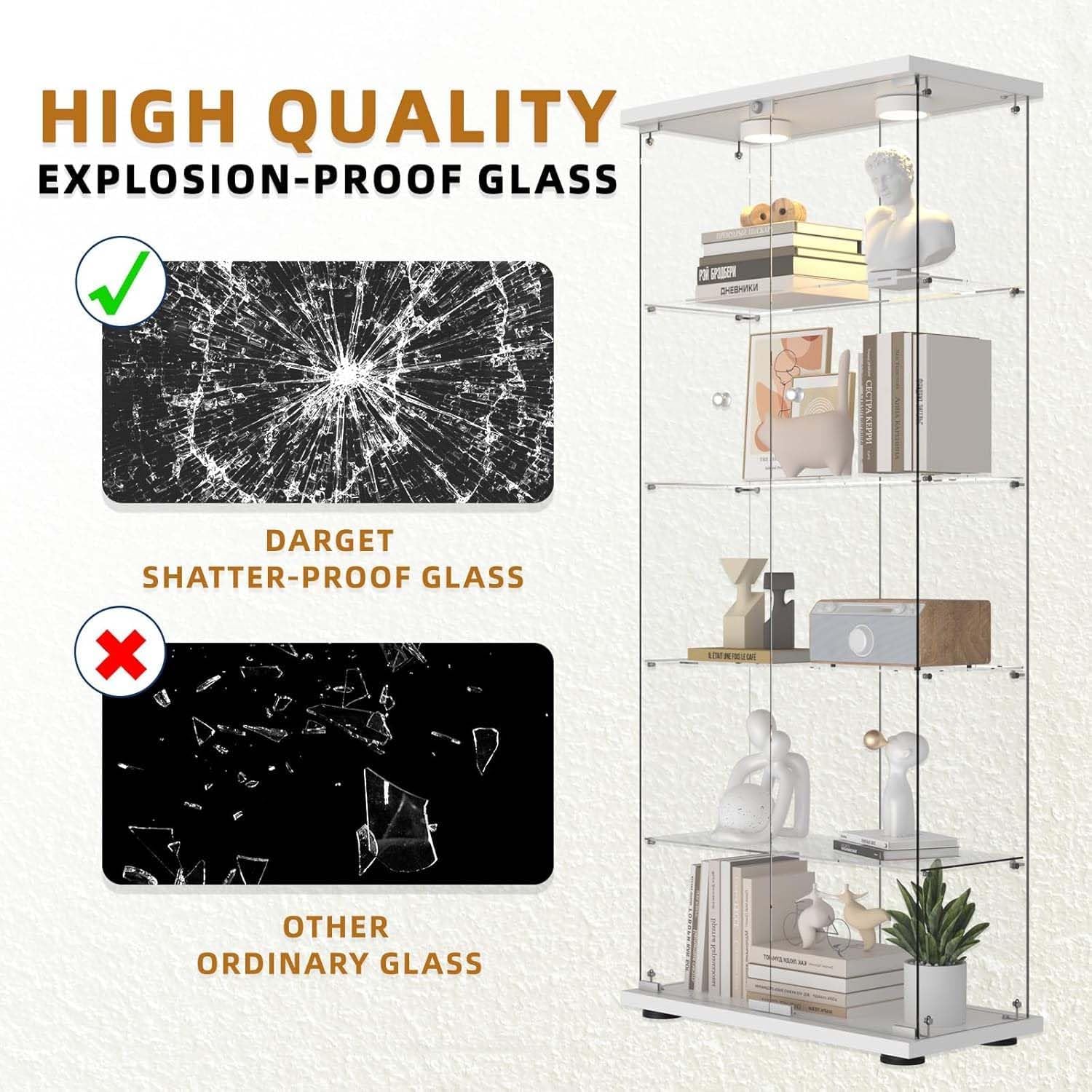 Glass Display Cabinet with LED Lights, 5-Shelf Locking Bookcase with Remote Control, Tempered Glass Curio Cabinet for Living Room, Bedroom, Office, White (5-Shelf)