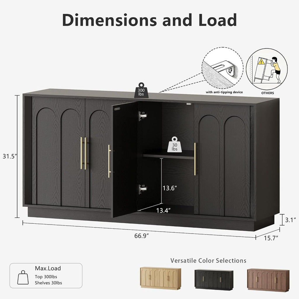 FORTUNETEC Sideboard Buffet Cabinet with Storage, Modern Accent Cabinet with Arched Doors, 67' Large Modular Media Console, Minimalist Credenza for Living Room Kitchen Dining Room Entryway, Black