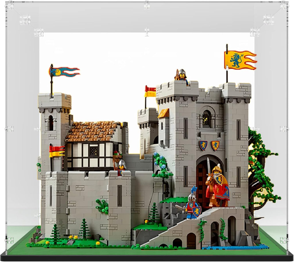 Clear Acrylic Display Case Inner Size 20''W*16''D*18''H 3mm Thick, for 10305 Lion Knights' Castle, Assemble Dustproof Display Box Showcase with Solid Wooden Base & Removable Model Grass mat