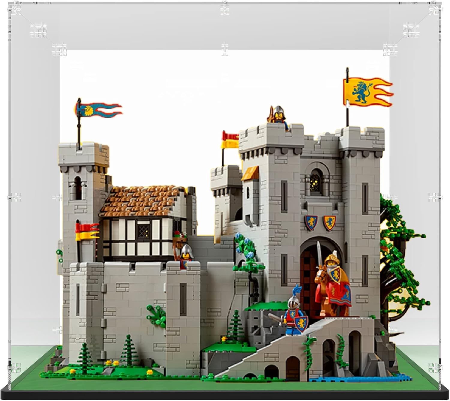 Clear Acrylic Display Case Inner Size 20''W*16''D*18''H 3mm Thick, for 10305 Lion Knights' Castle, Assemble Dustproof Display Box Showcase with Solid Wooden Base & Removable Model Grass mat