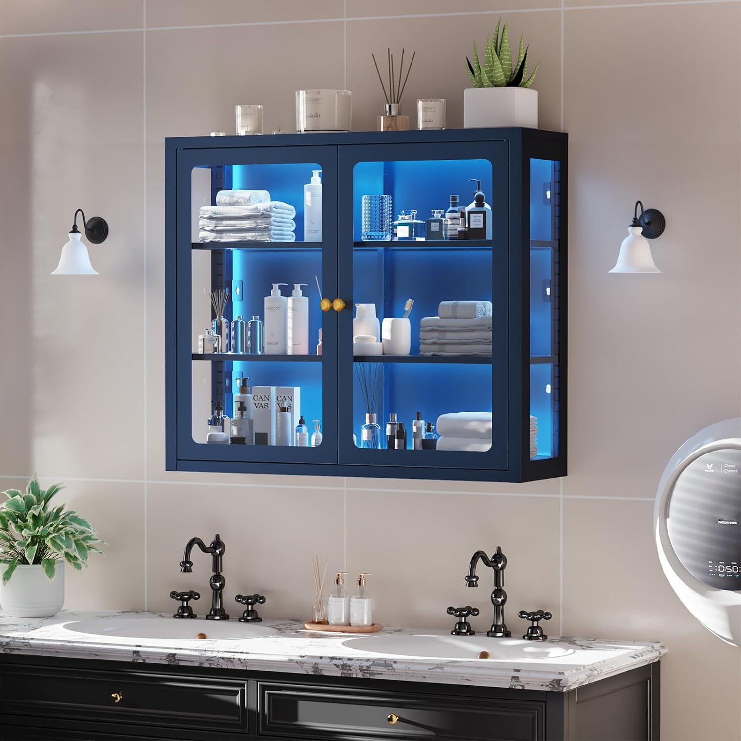 Bathroom Wall Cabinet with 13-Color Light, Wall Mounted 3-Sided Glass Display Cabinet with Adjustable Shelves, Floating Metal Medicine Storage Cabinet for Kitchen Living Room - Blue