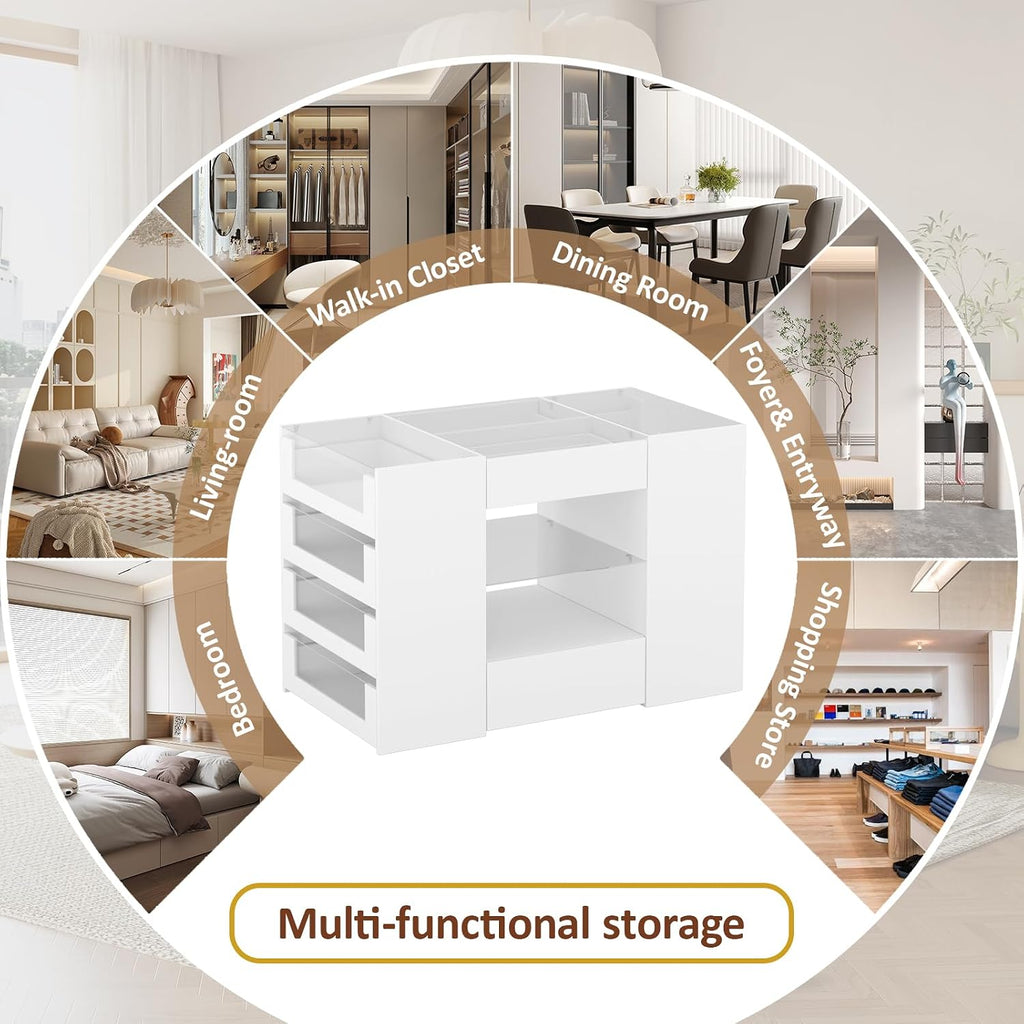 LIVAUVEAD Closet Island with Drawers, Wardrobe Armoire Bedroom Island, Glass Display Shelf & 12 Drawers, White Dresser with Glass Top, Walk-in Closet Island for Bedroom, Cloakroom