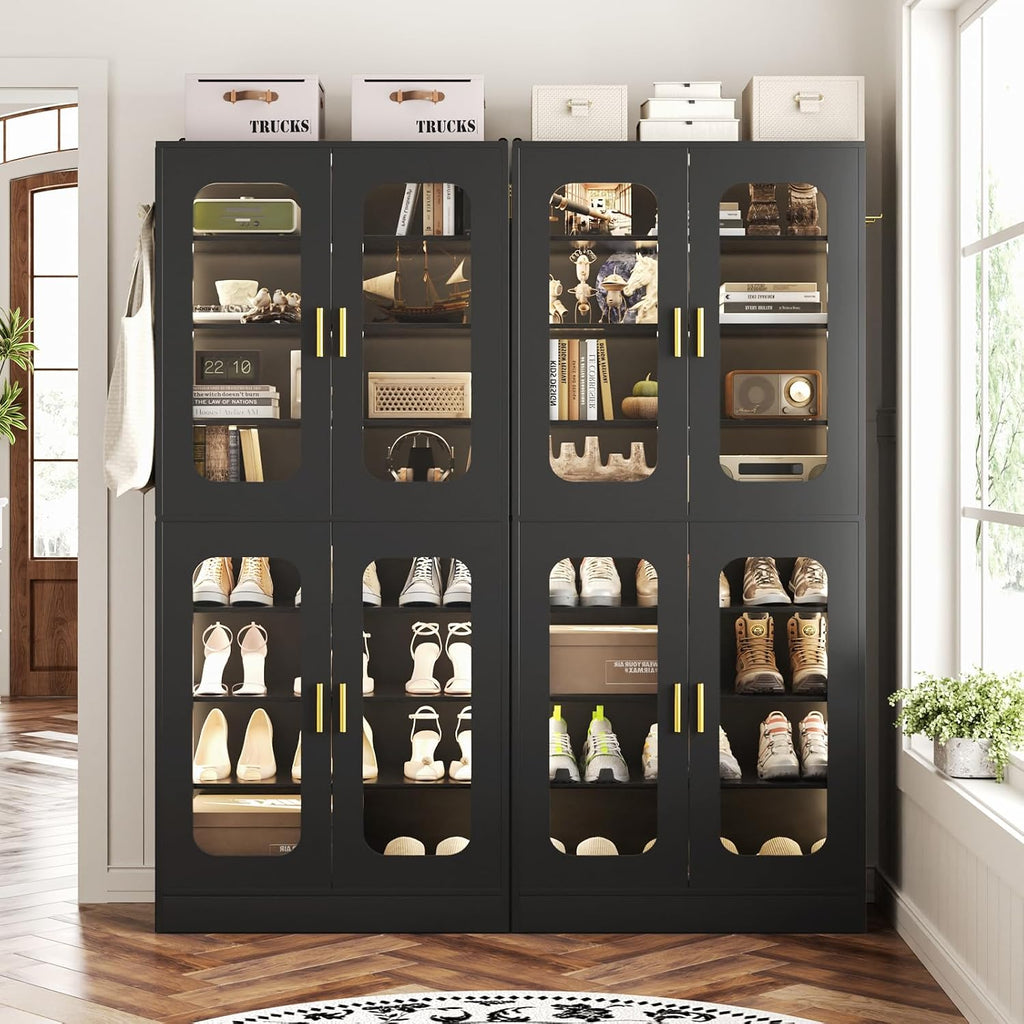 Cyclysio 67' Display Cabinet with PC Doors & LED Lighting - 8-Tier Storage Cabinet with 330lb Capacity & Adjustable Shelves for Entryway, Bedroom (Black, Set of 1)