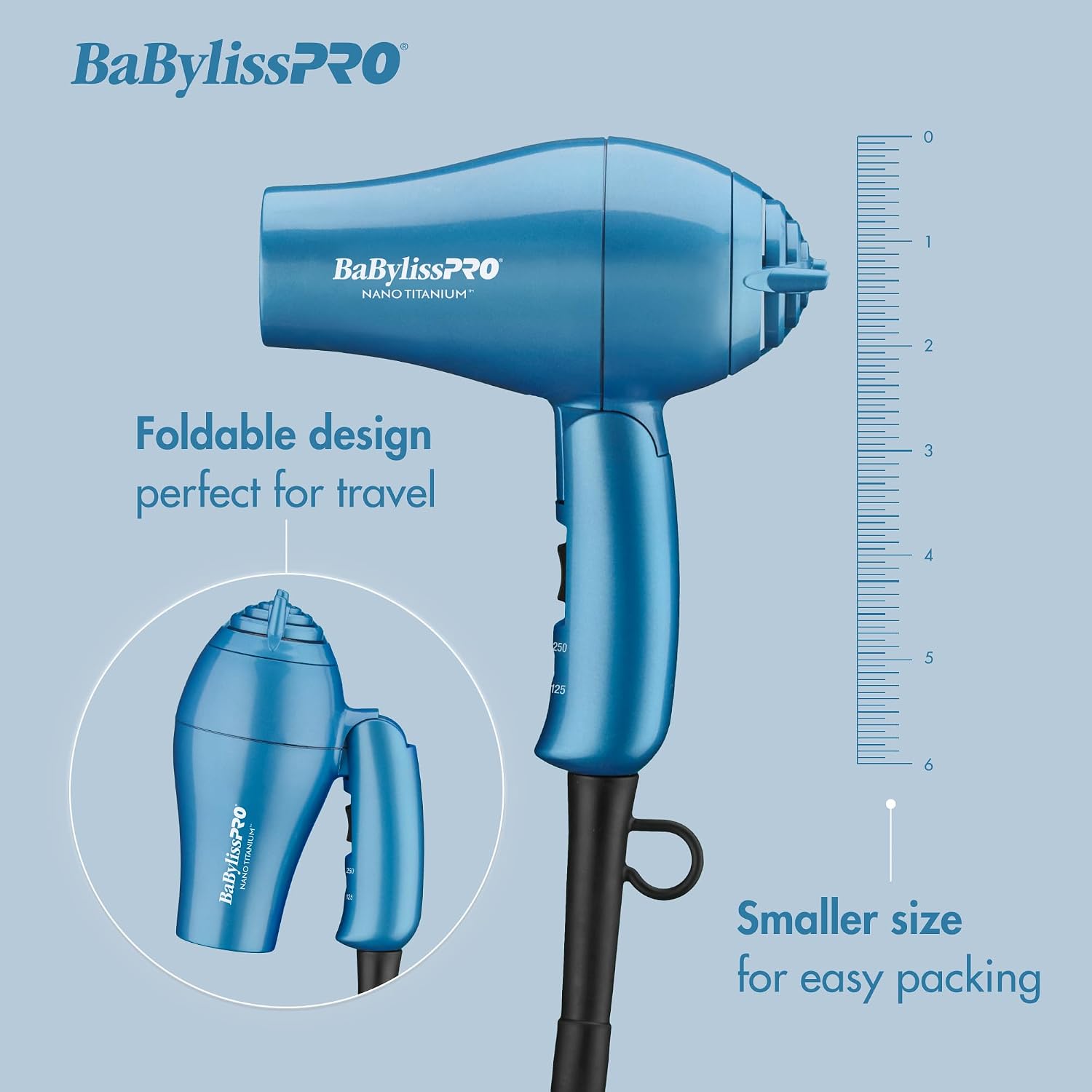 BaBylissPRO Nano Titanium Travel Hair Dryer, 1000 Watt Professional Blow Dryer with Concentrator Nozzle, Foldable Handle, Dual Voltage